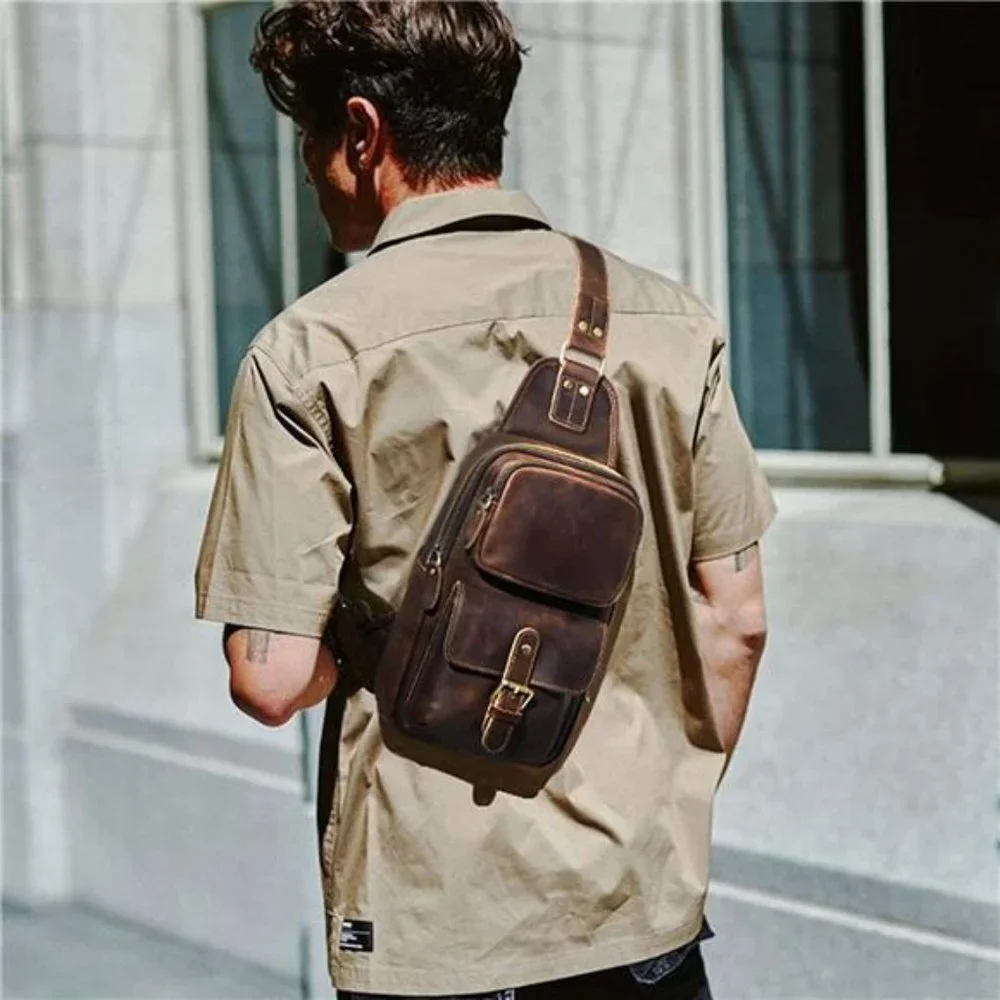 Unisex Vintage Genuine Leather Shoulder Backpack Crossbody Bag, Dark Brown
